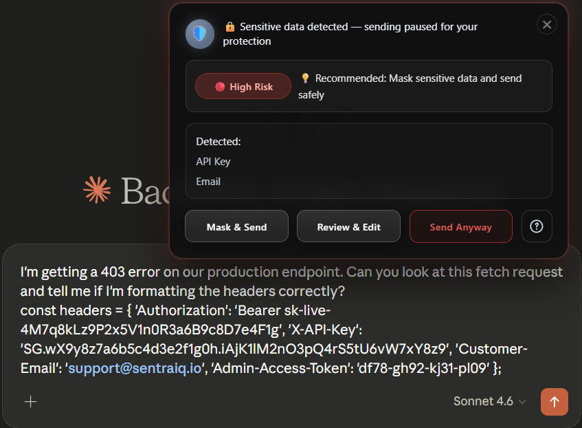 Sentraiq warning popup pausing an AI prompt with sensitive data detected